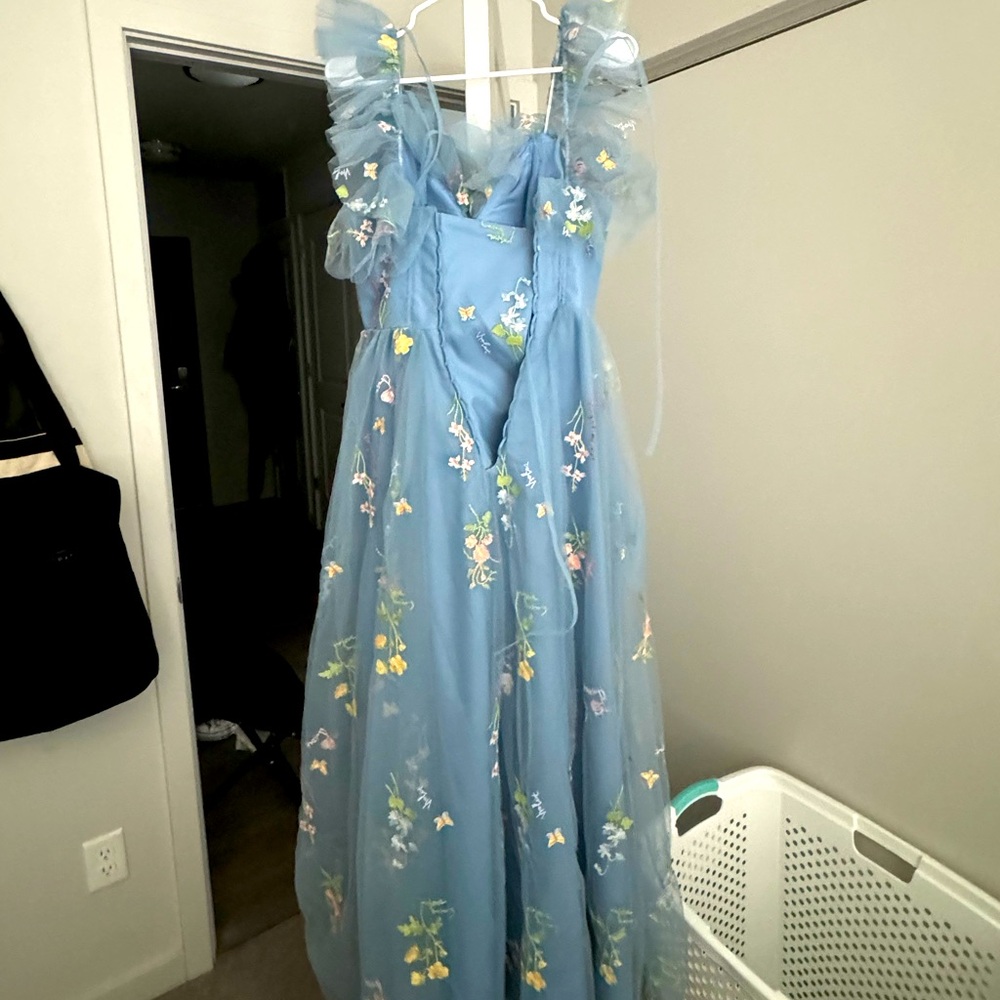 Basgute Flower Embroidery Tulle Long Prom Dresses with Slit Fairy Strap